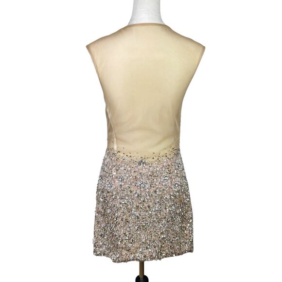 Terani Couture NEW Tan Sheer Mesh Rhinestone Sequin Beaded Mini Formal Dress - Picture 3 of 16